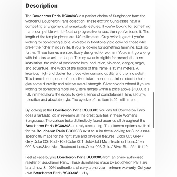 🏆Boucheron Paris BC0030S 006‼️Size 55-15-140‼️Palladium plated‼️ - Picture 14 of 16